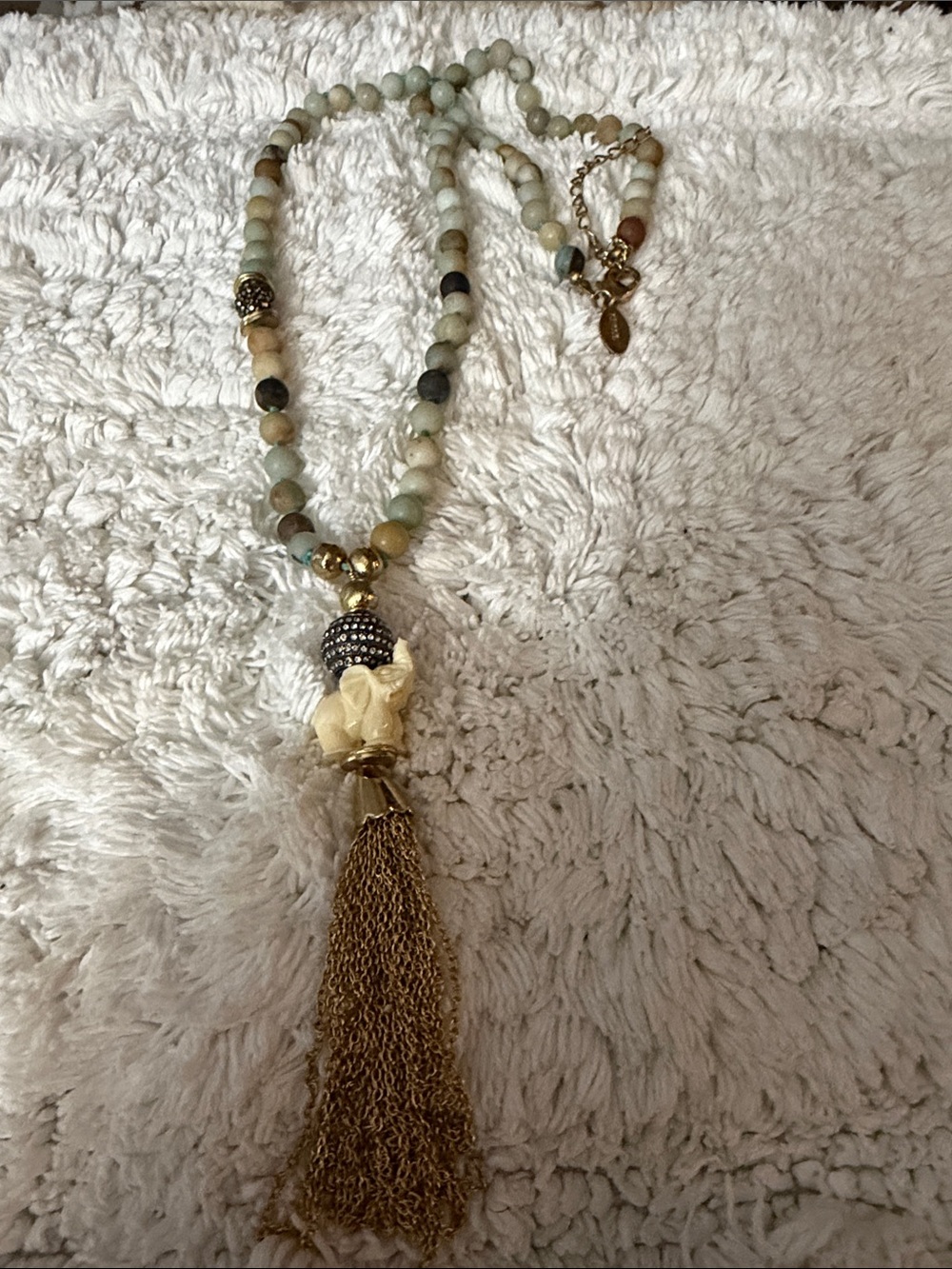 Chico's Beaded Tassel Necklace in Pale Green, Cream and Gold